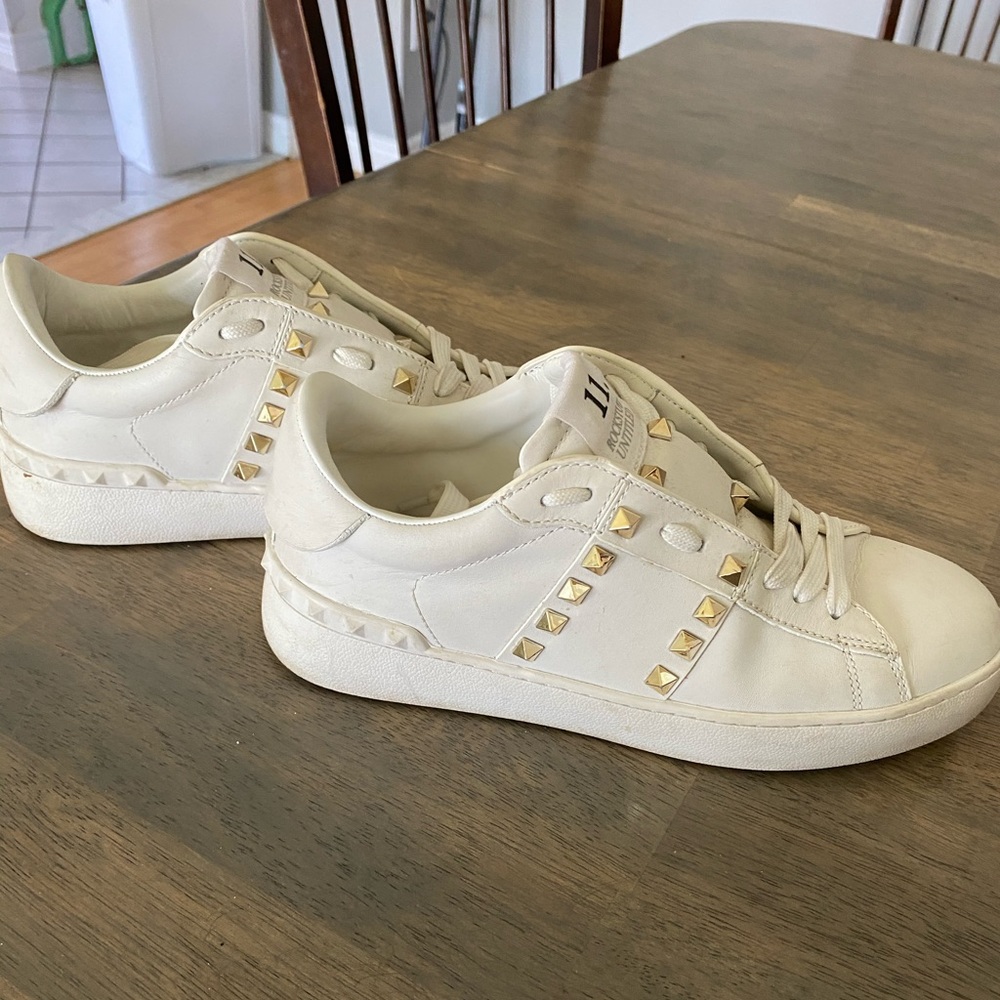 Valentino White Leather Rockstud Low Top Sneakers with Gold Studs